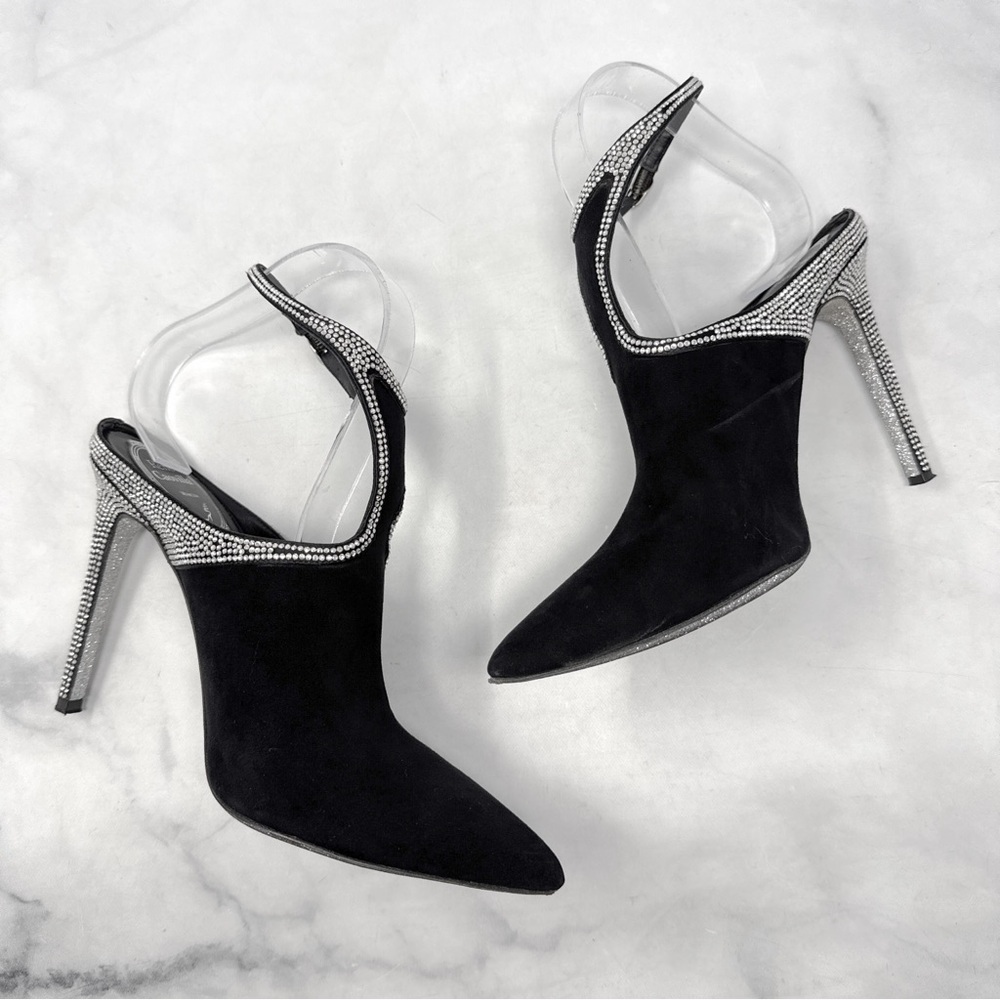 Rene Caovilla Strass Embellished Suede Pointed Toe Open Back Ankle Bootie Heels - Picture 5 of 16